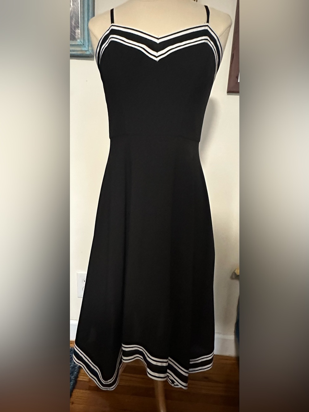 Ted Baker Black Midi Fit-and-Flare Dress with White Hem and Bodice Accents